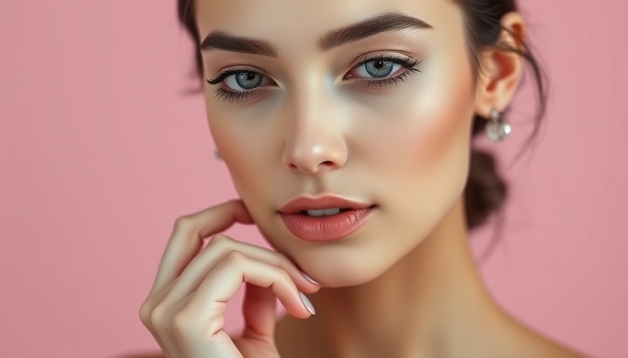 Elegant young woman gently touching chin against pink background.