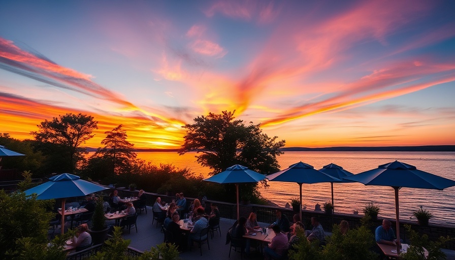 Breathtaking Ludington sunset and lively lakeside dining, vibrant natural scene.