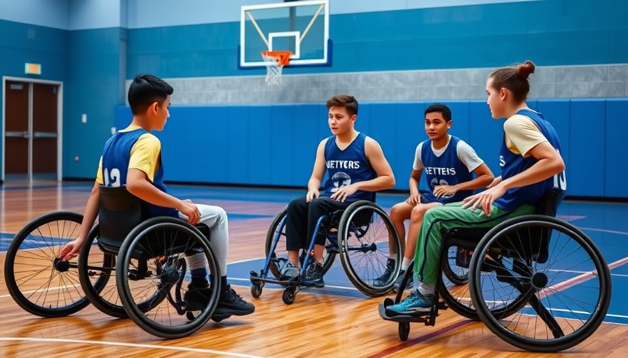 Young wheelchair basketball team, fostering resilience in children with physical limitations, receives coaching on court.