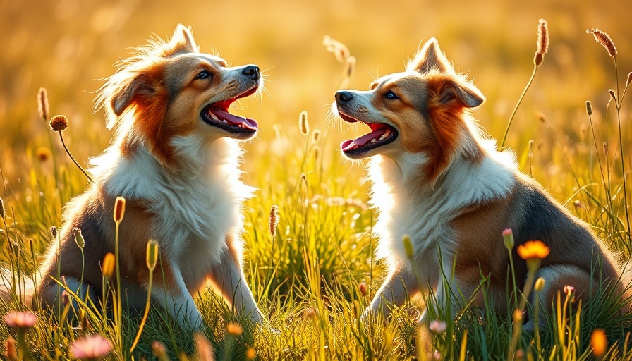 Two dogs playing in a sunlit meadow during seasonal changes