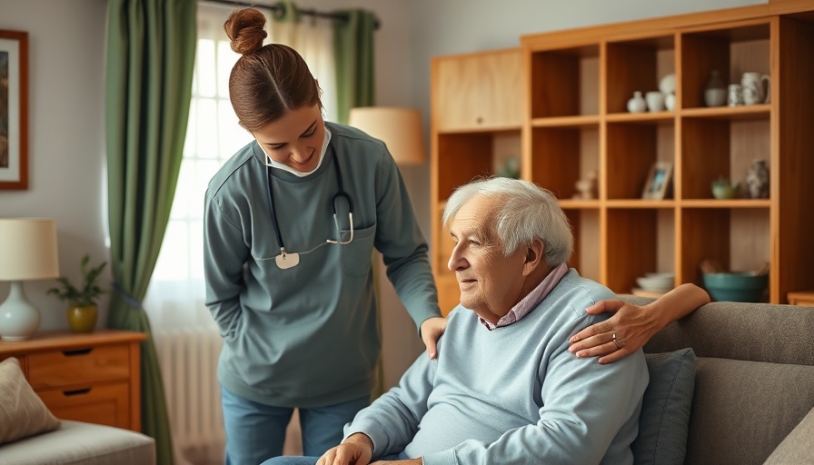 In-home care providers assisting elderly man with dementia in a bedroom.