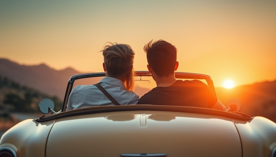 Couple enjoying sunset drive in convertible, scenic road.