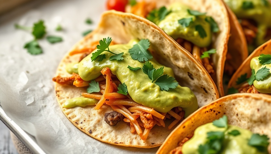 Sheet pan tacos with avocado sauce and lime slices.