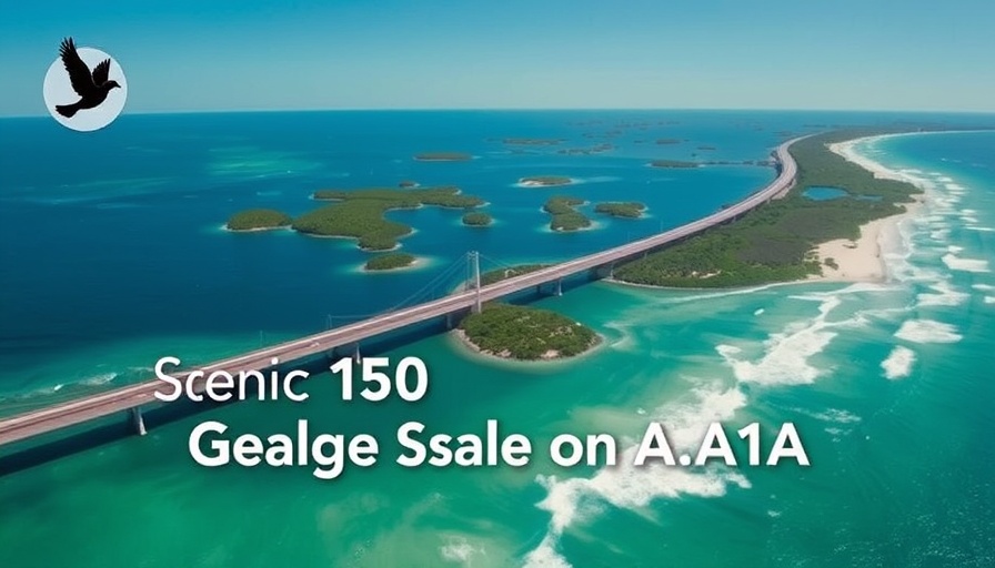 Aerial view of scenic A1A highway with 150-mile garage sale text.