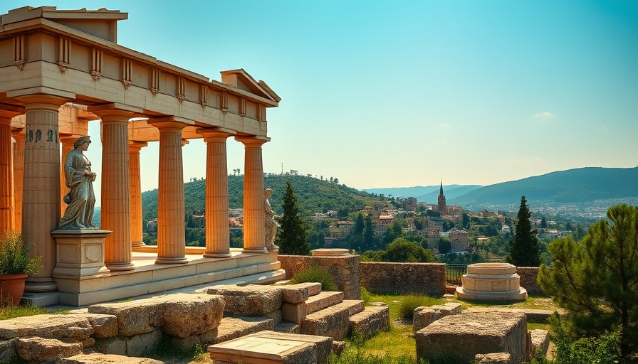 Ancient Greek temple ruins, scenic landscape, perfect for American Airlines deals to Europe.
