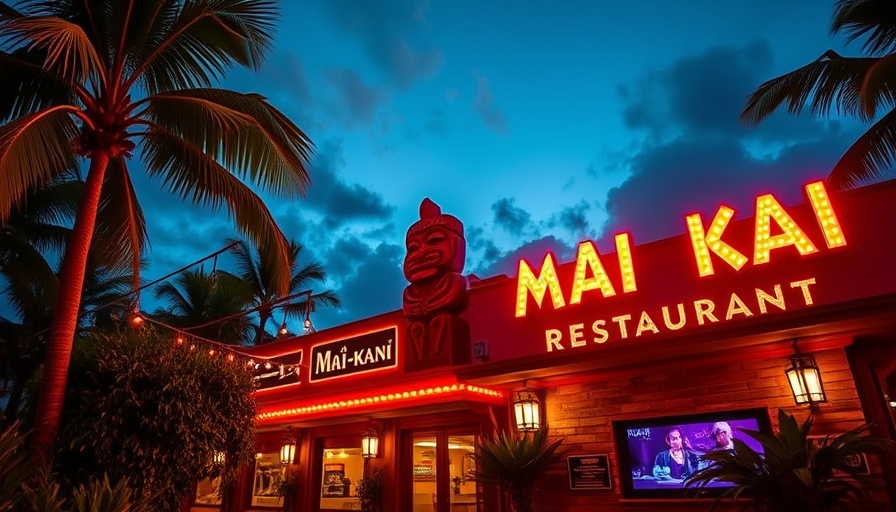 Mai-Kai Restaurant entrance with tiki statue and neon sign in the evening.