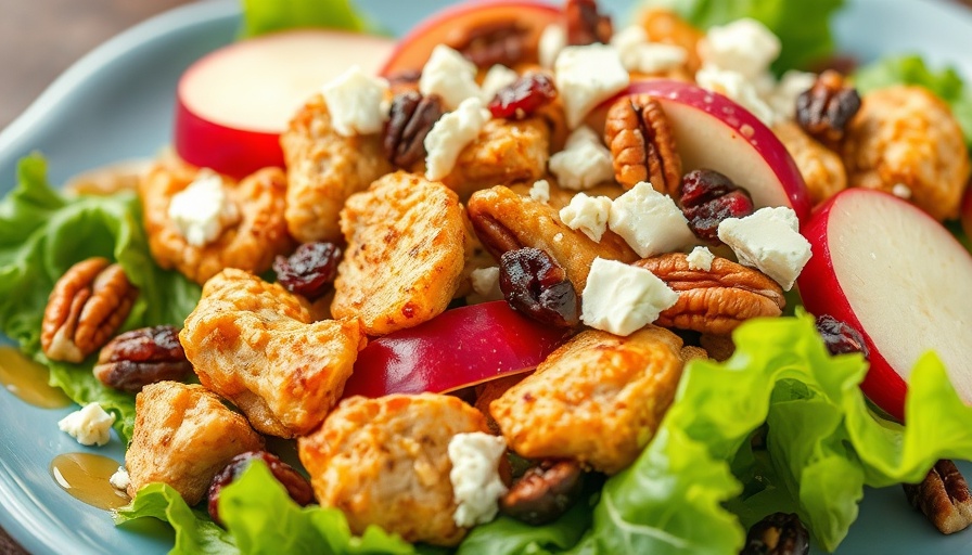 Vibrant crispy chicken salad with apple, pecans, and feta.