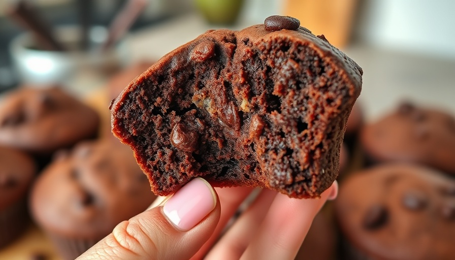Close-up of chocolate Kodiak protein muffin with bite taken, showing texture.