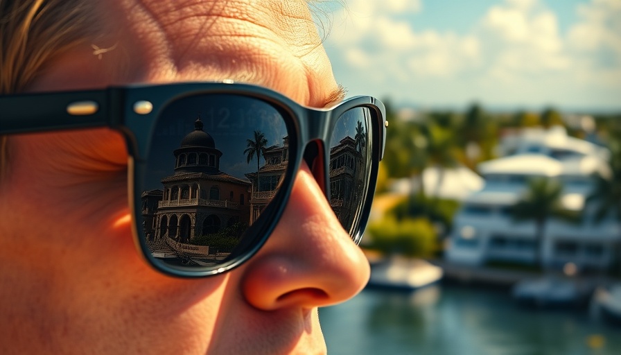 Miami real estate market view through sunglasses with financial overlay.