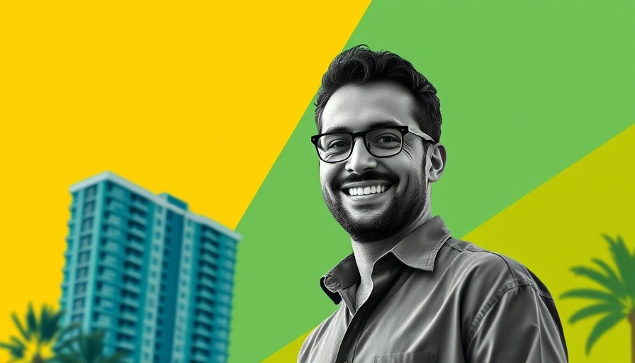 West Palm Beach luxury condos architectural illustration with smiling man.
