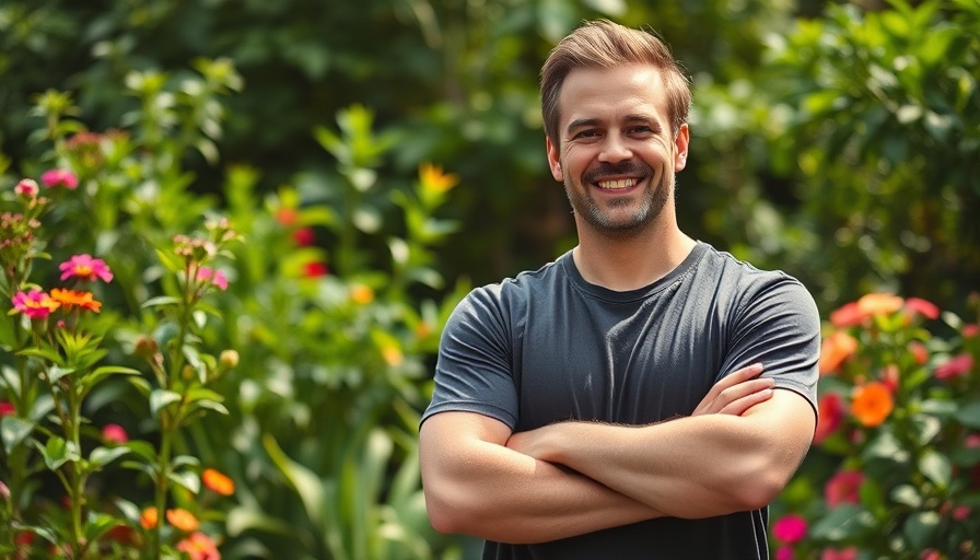 Man standing in a garden with lush foliage and vibrant flowers.