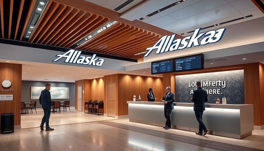 Alaska Airlines airport lounge reception area with staff and flight board.
