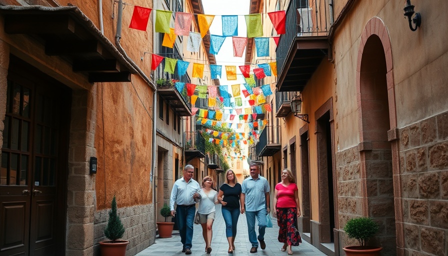 Family exploring a vibrant alleyway adorned with colorful flags.