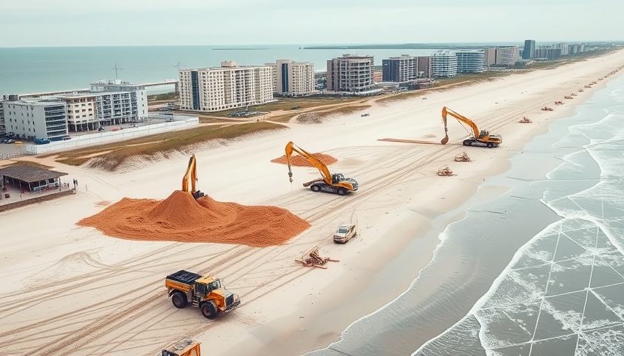 Pinellas beach renourishment with construction vehicles on the shore.