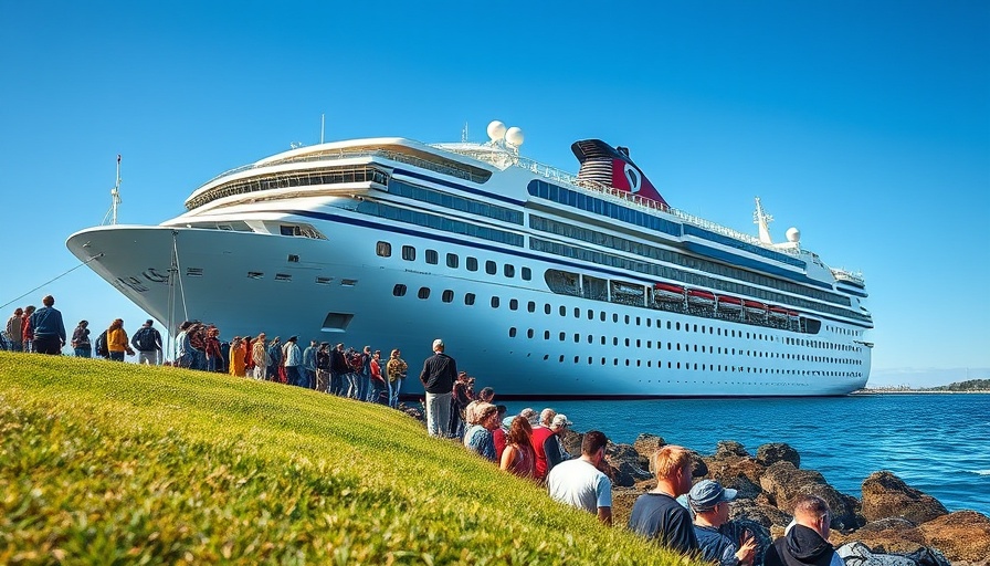 Crowd watching a Carnival cruise ship from shore.