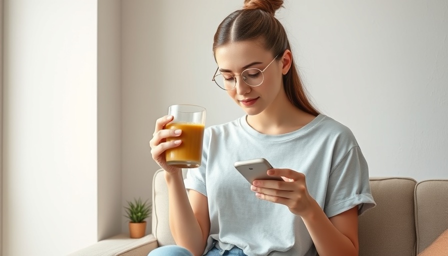 Young woman balancing work and self-care with smoothie and phone.