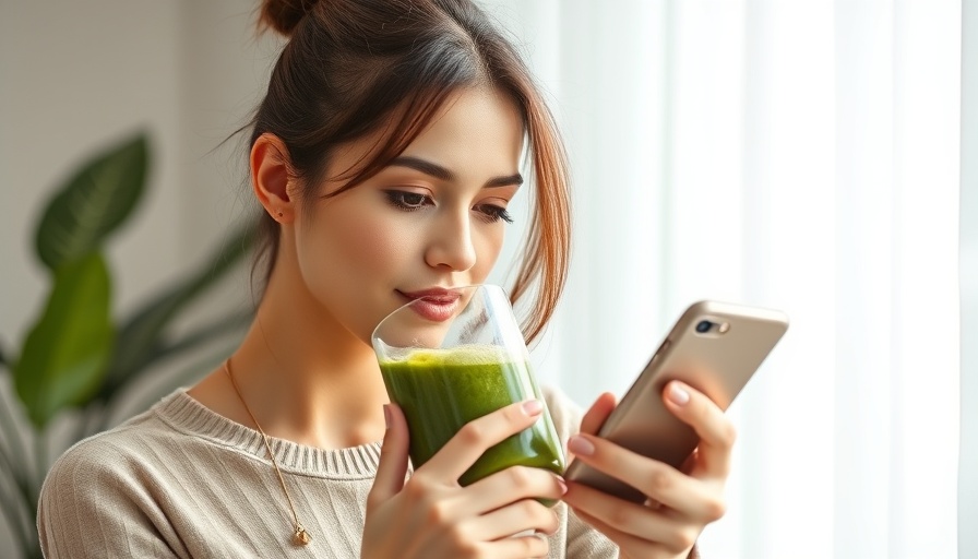 Woman balances smoothie and phone, depicting a balanced lifestyle while working full time.