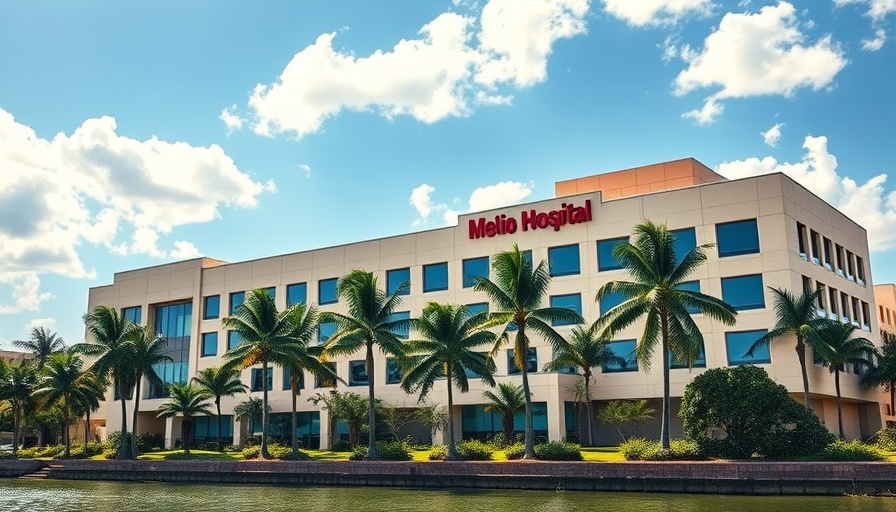 Modern Florida hospital, palm trees by river, organ transplant programs.
