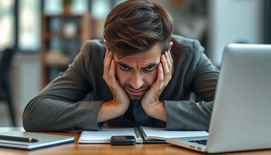 Stressed person showing burnout at work with laptop and phone.