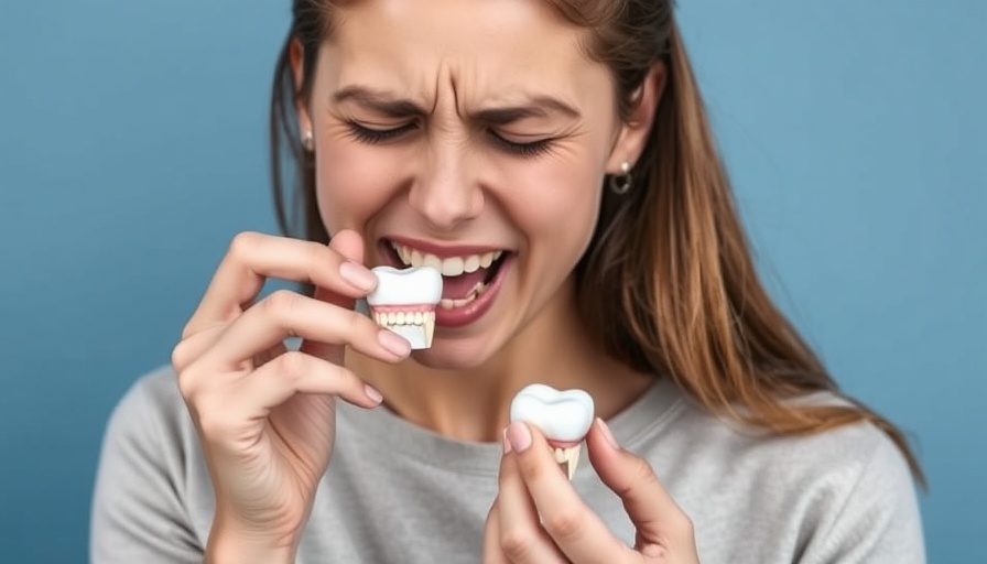 Young woman managing toothache pain with a tooth model.
