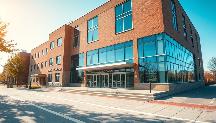 Modern school building exterior representing mental health support in schools.
