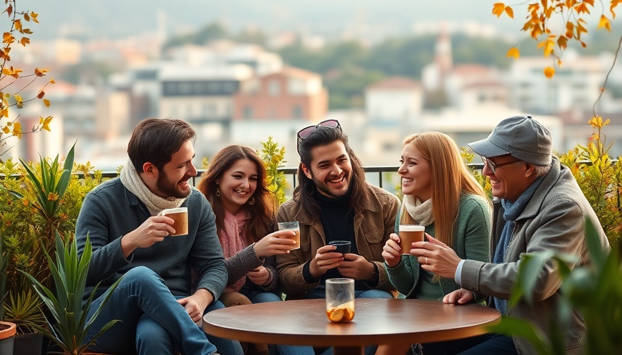 Relaxed group of friends enjoying coffee outdoors, informal meeting vibe.