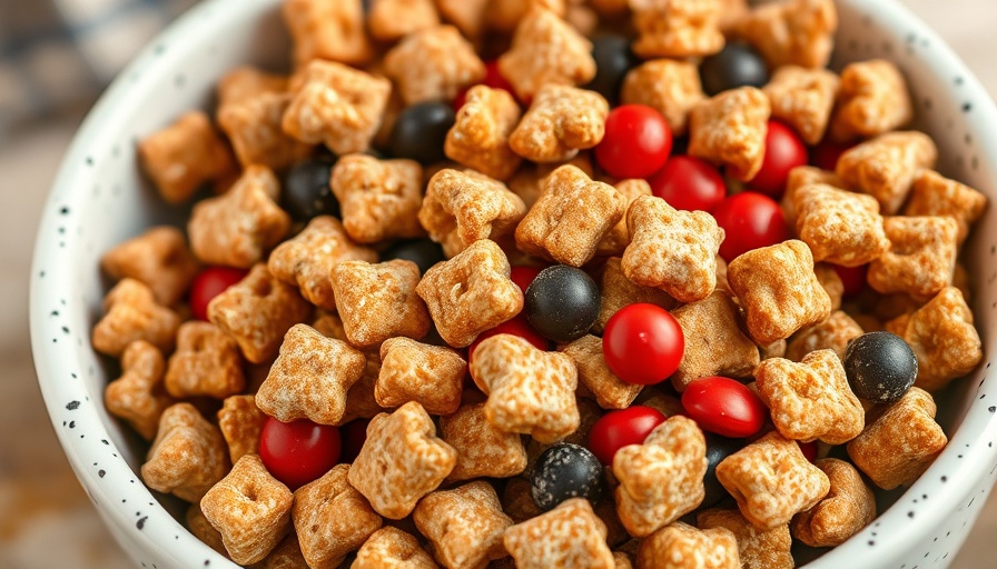 Close-up of Pumpkin Spice Protein Puppy Chow with colorful candies.