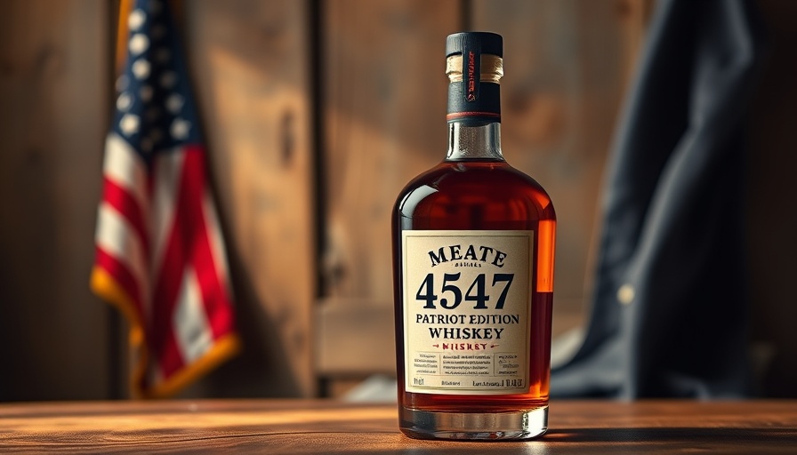 4547 Patriot Edition Whiskey bottle against flag and wood background.
