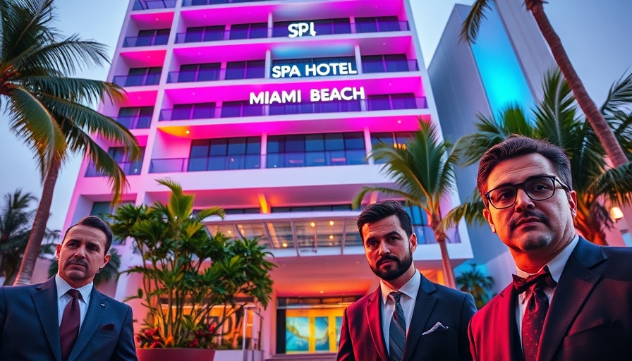 Collage: Miami spa hotel facade with bold portraits, rezoning topic.