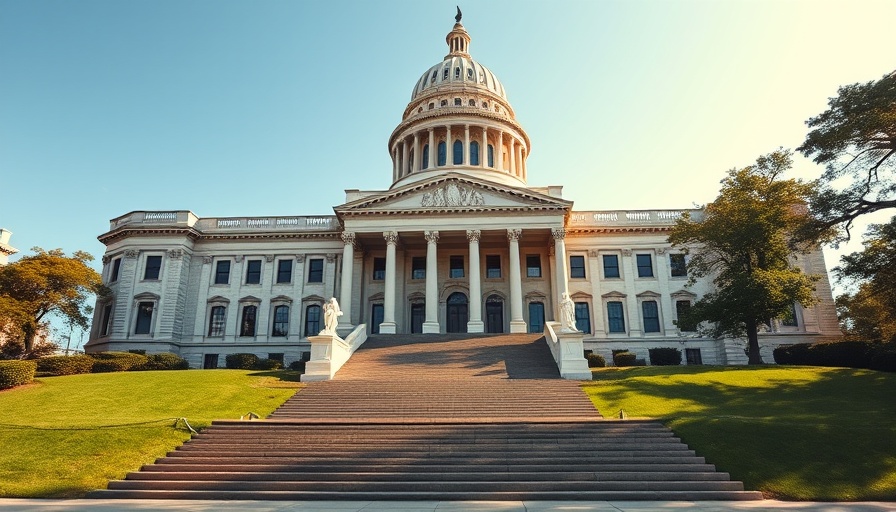 Missouri State Capitol building, bright day, well-kept lawns.