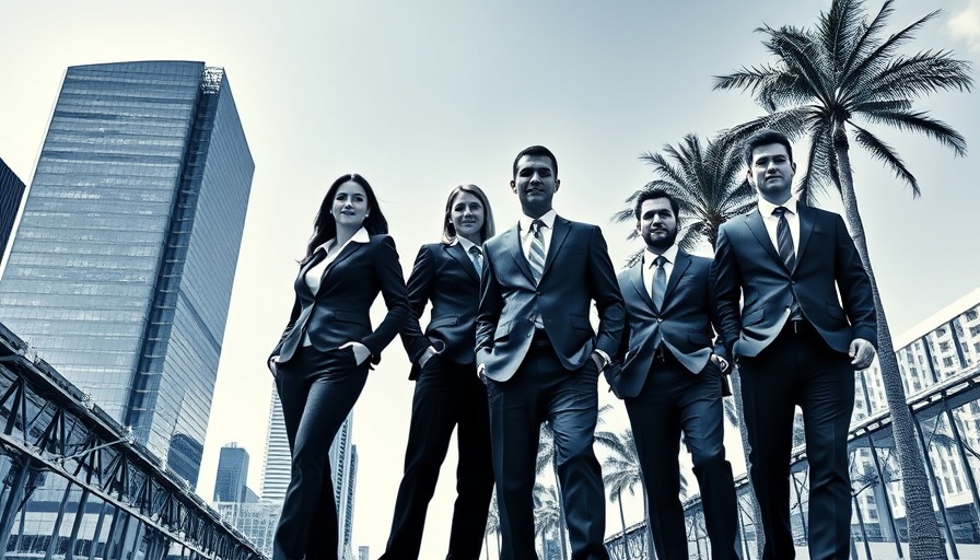Business executives in blue-toned photo with office buildings
