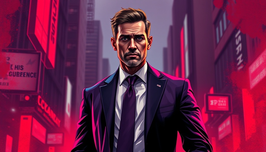 Digital illustration of a businessman in bold colors, abstract background.