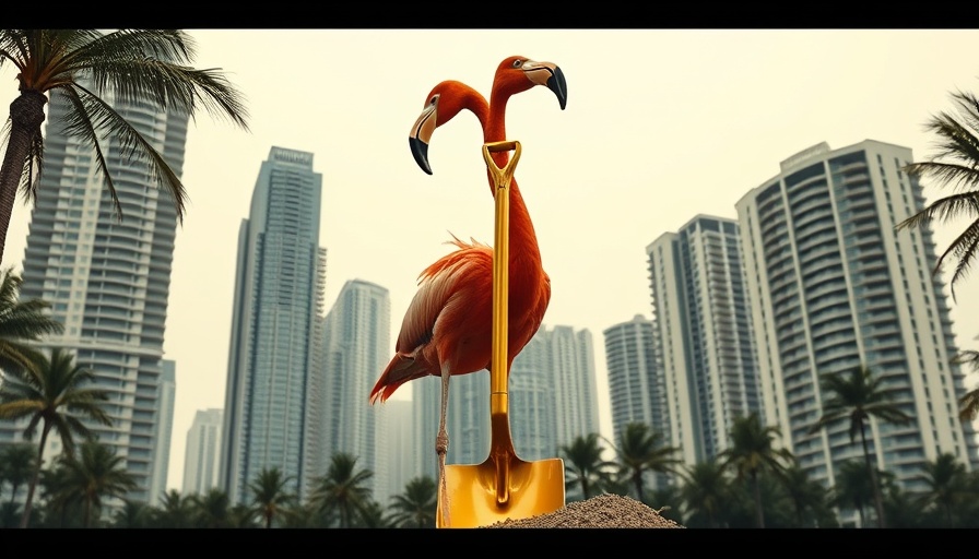 Surreal Miami landscape with flamingo and shovel, highlighting housing bubble risk.