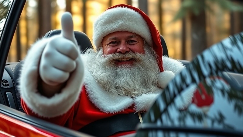 Santa enjoying eye care during travel in a red car.