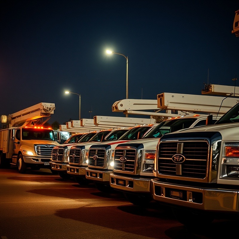 Utility trucks lined up at night, related to TECO rate increase.