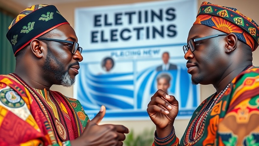 Three Nigerian men in traditional attire discussing the 2027 elections Nigeria indoors.