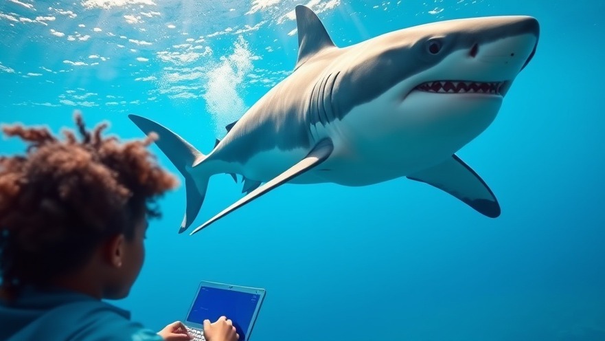 Great white shark swimming in clear ocean, showcasing marine life awareness in underwater photography.