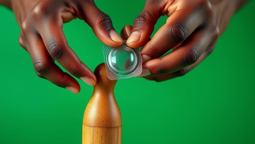 Detailed African hands demonstrating safe sex practices with a condom on a wooden model.