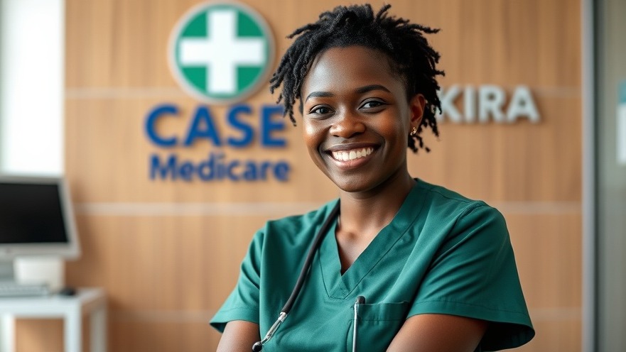 Smiling African nurse in scrubs at Kira healthcare services clinic, providing quality medical care.