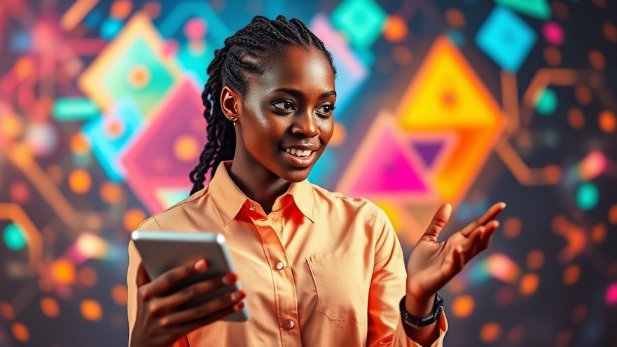 Engaging young African woman discussing technology and education in Kampala, vibrant studio background.