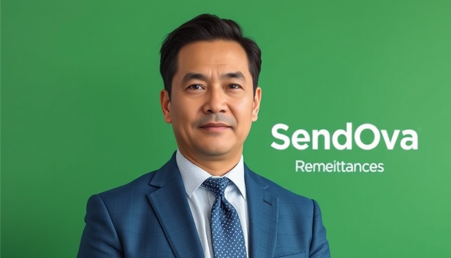 SendOva cross-border remittances launch advertisement with businessman in suit.
