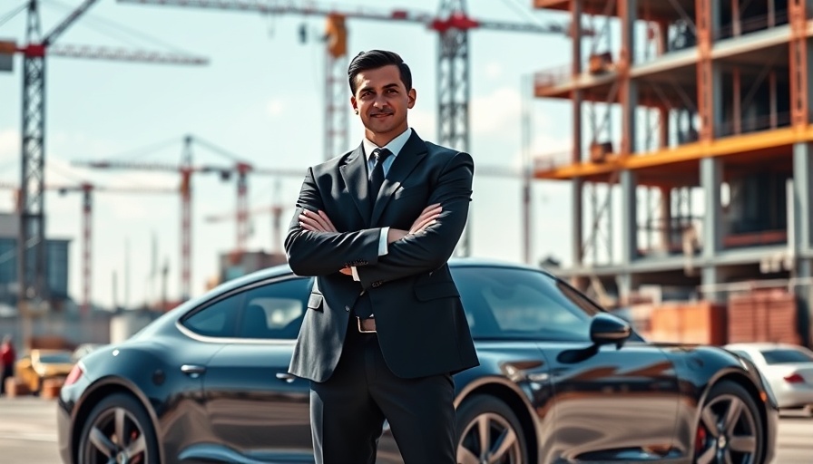 Man in suit at construction site near a car, daylight.
