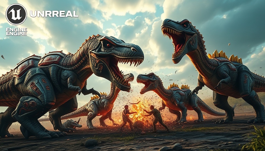 Epic dinosaur battle scene promoting Low-Level Development Using Unreal Engine.