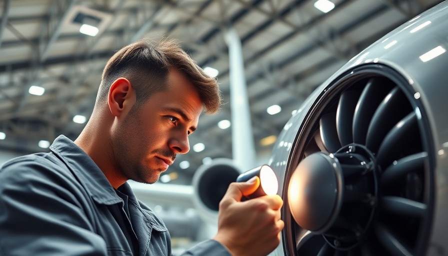 Aircraft mechanic inspects engine in hangar for maintenance loyalty program