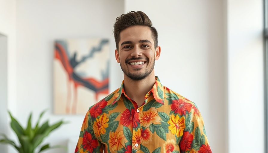 Individual in floral shirt standing in a bright, modern room.