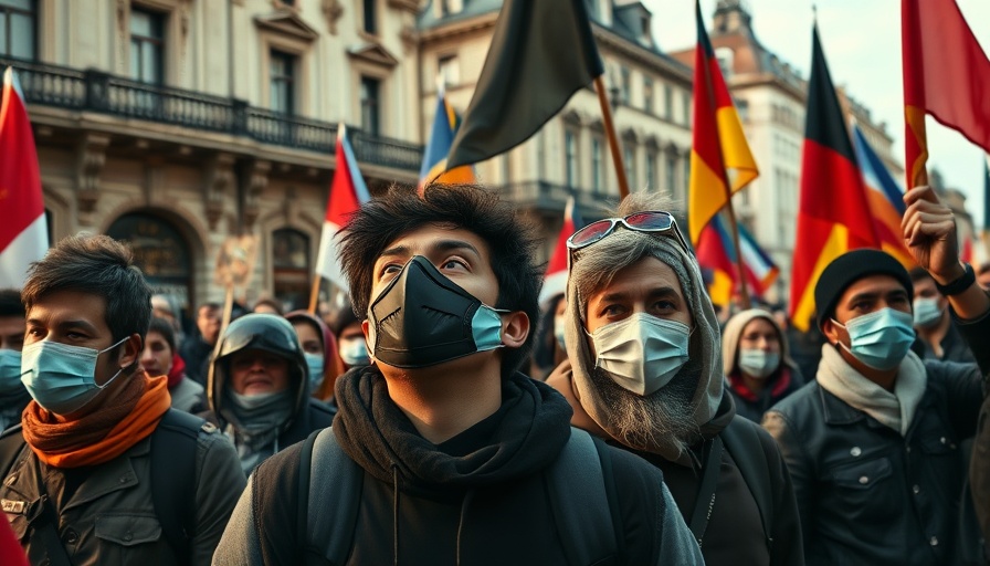 Masked protesters in a city holding flags during Extinction Rebellion protest.