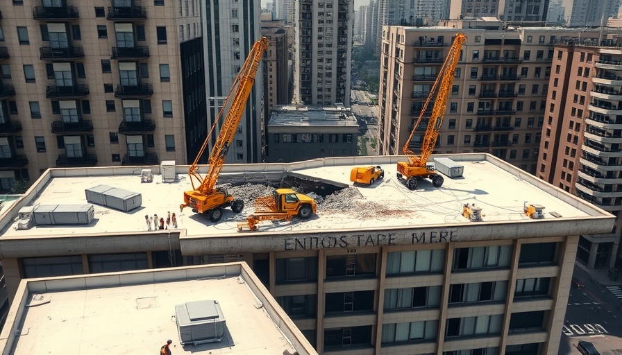 Cranes inspecting Madrid building collapse site.