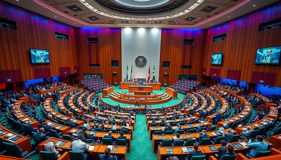 Nigerian parliament debates US bill on religious persecution, colorful chamber.