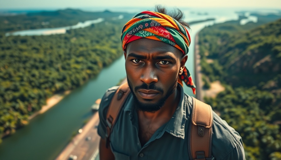 Aerial view of Panama Canal with serious man and colorful headband.