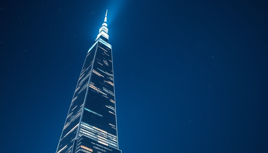 Tallest building in Oklahoma with glowing spire at night.